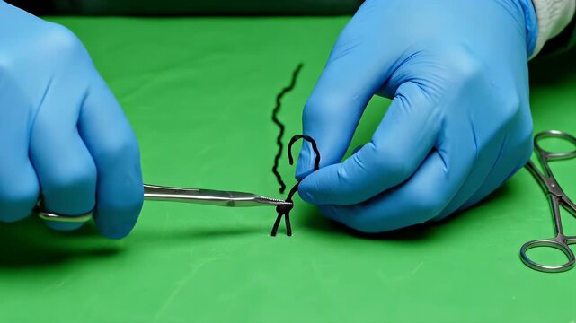 Photorealistic CGI Gloved Hands Performing Suture Removal with Scissors on Green Background