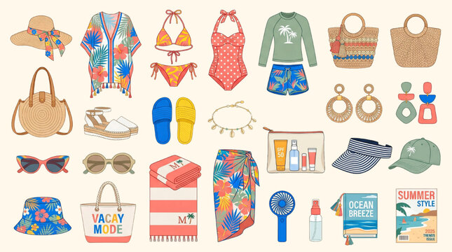 Summer Beach Fashion Accessories Flat Lay Illustration Set. Swimsuit Straw Hat Sunglasses Bag Sandals Trendy Style Collection. Modern Vector for Fashion, Social Media, Blog