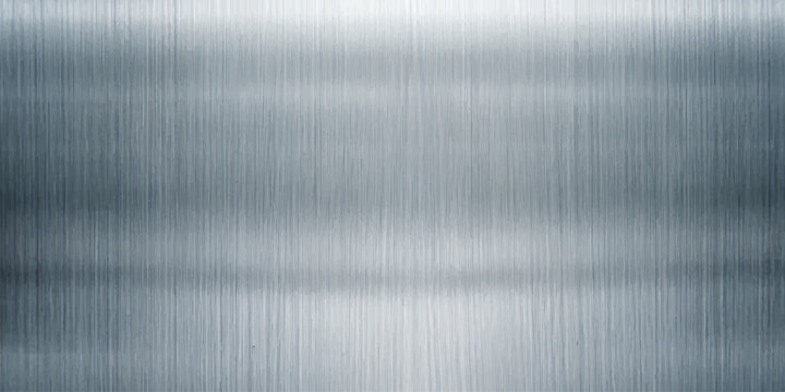 A seamless brushed metal plate texture featuring a silver stainless steel surface with shiny metallic lines and a gray aluminum pattern design for an industrial backdrop