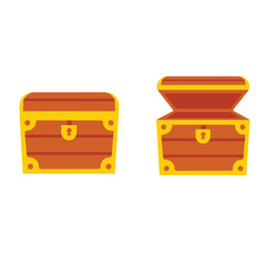 Two stylized vector illustration graphics of treasure chests, one closed and one open, depicting wealth and discovery © GraphicStore