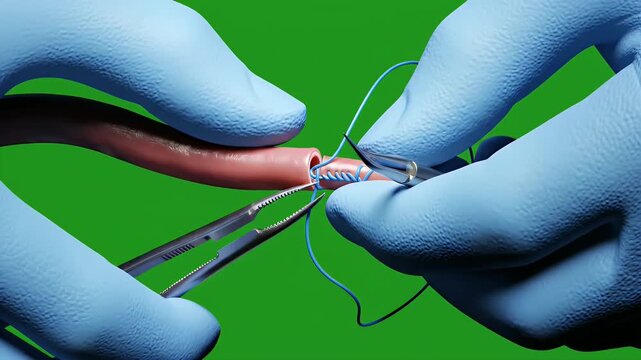 Photorealistic CGI Gloved Surgeon Hands Performing Vascular Surgery with Suturing Technique on Blood Vessels