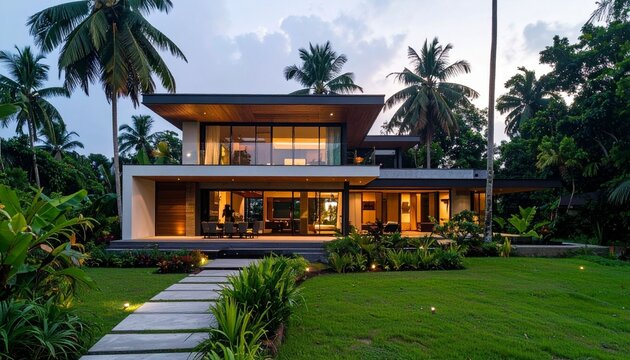 Modern luxury home exterior at dusk