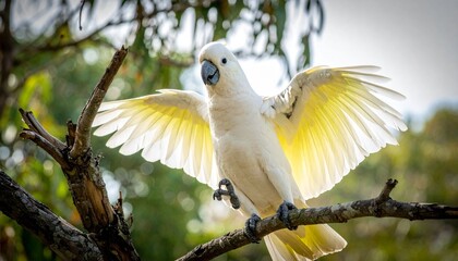 Fototapeta premium White cockatoo spreading wings on branch