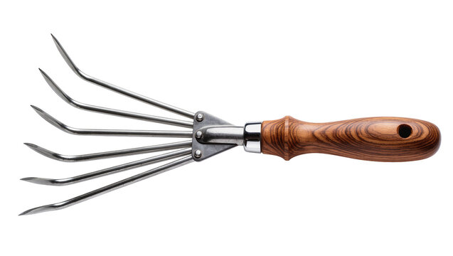 Metal garden rake with curved tines and wooden handle, isolated on transparent background