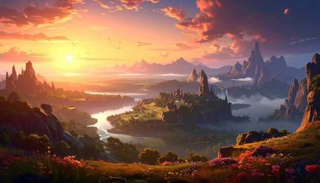 Sunset over mountains and valley