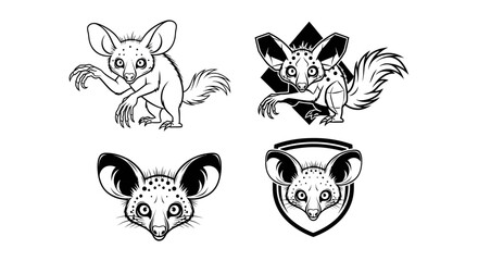 Fototapeta premium Four stylized drawings of a galago, showcasing different poses and designs.