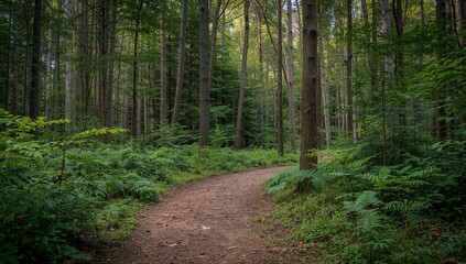 Fototapeta premium Atmospheric woodland trail with deep greens and textured forest floor ideal for outdoor adventure hiking and nature immersion visuals