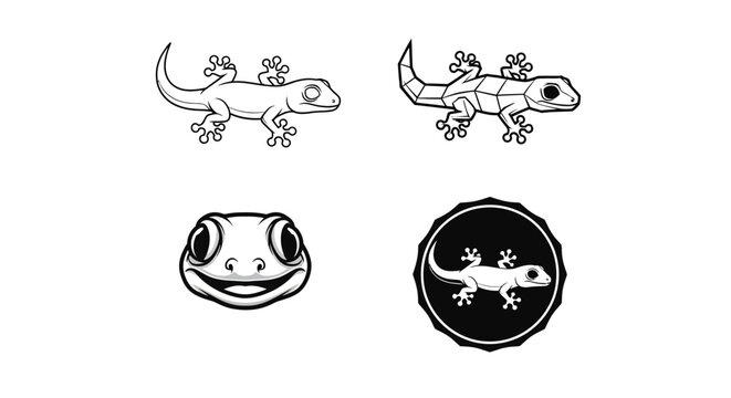 Gecko Illustration Set - Detailed Line Art and Logo Design.