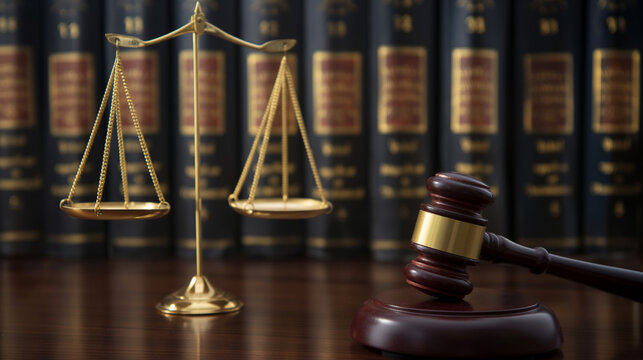 Symbolic Representation of Justice with Scales and Gavel, Reflecting Legal Authority, Fairness, and the Judicial System, Set Against a Backdrop of Law Books in a Courtroom