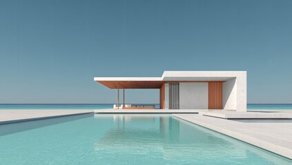 Fototapeta premium Modern seaside villa with infinity pool, blue water, and clear skies