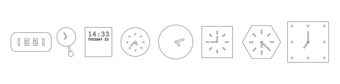 Minimalist clock faces collection with various hand and number styles. Vector icon. Variety of clock designs in simple black outline, vector illustration.
