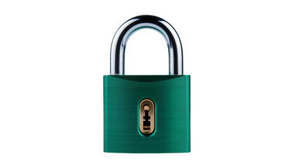 Naklejka premium Green metal padlock with chrome shackle, isolated on transparent background