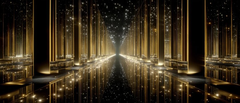 Luxurious Golden Hall with Glowing Pathway and Stars