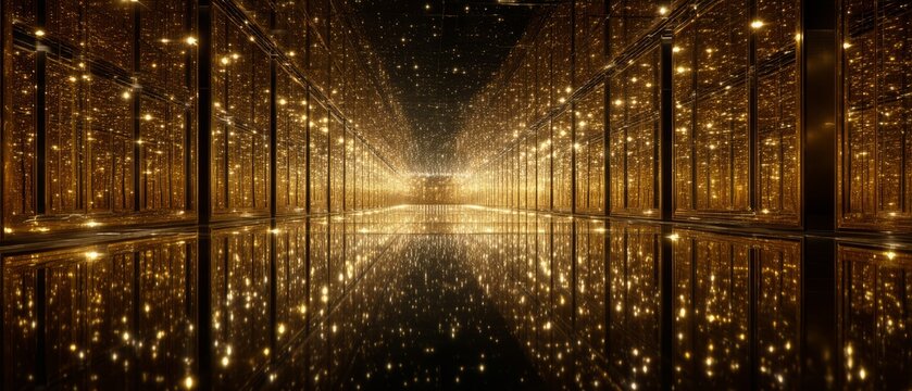 Illuminated Golden Mirror Hall with Reflective Surfaces
