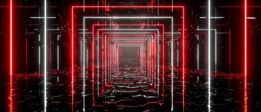 Neon-Lit Futuristic Tunnel with Reflective Floor