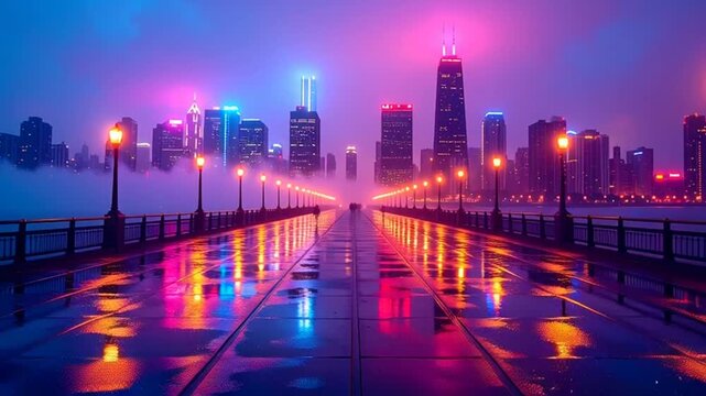 Chicago City Skyline at Night with Neon Reflections on Wet Promenade and Foggy Atmosphere
