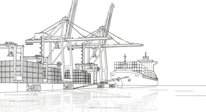 Container ship and gantry cranes at industrial port line art