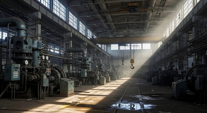 Old industrial factory interior with sunbeams, vintage machinery, vector illustration
