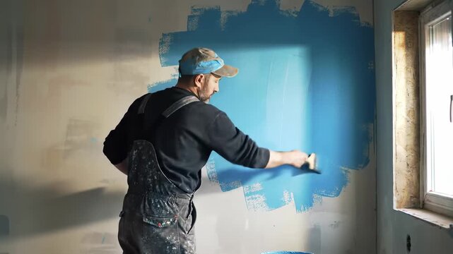 A worker paints a wall blue in a room with a window on the right