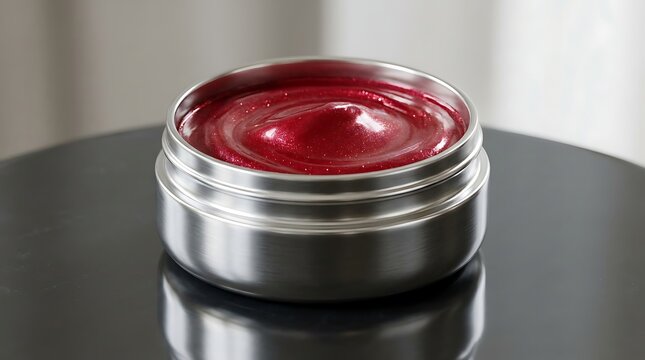 Red lip gloss in silver tin container on black table lip gloss