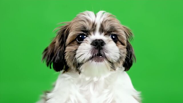 Realistic Close-Up of a Shih Tzu Puppy Face with Bright Green Background Showing Joyful Expression