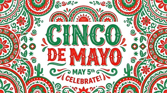 Festive Cinco de Mayo Celebration Banner with Traditional Mexican Patterns and Vibrant Red and Green Colors