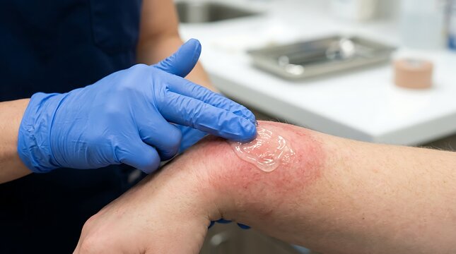 Medical professional applying gel to burn wound on arm in clinic