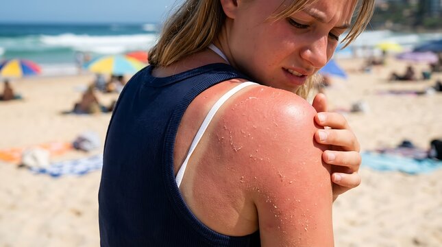 Woman with sunburned shoulder on beach with peeling skin