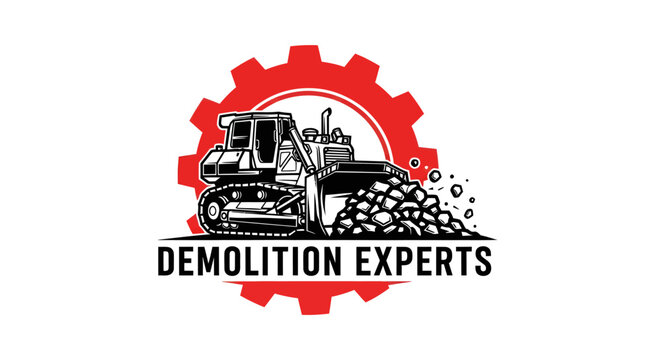 Demolition Experts Bulldozer Clearing Rubble with Gear Symbol.