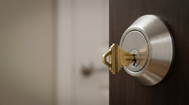 Door lock key deadbolt security home real estate concept closeup of brass key in stainless cylinder on wooden door with blurred interior background symbol for protection entry access safety