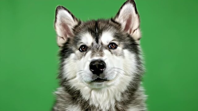 Realistic Close-Up of an Alaskan Malamute Puppy Face With Expressive Eyes on Vibrant Green Background