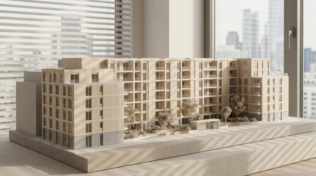 Real estate concept architectural model apartment building residential property urban development modern architecture detailed scale model table near window city skyline background with soft