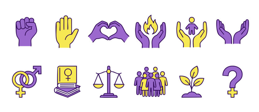 Human Rights and Gender Equality Icons Set for Social Justice Advocacy and Diversity Concepts, including symbols for protest, community support, legal balance, and empowerment in a modern flat vector