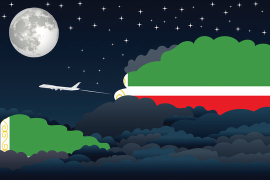 Chechen Republic Night Clouds Airplane Airport Flight Vector Illustration