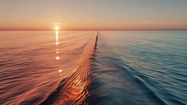 暖色の反射帯と青の静けさが並ぶ夕焼けの二層の海面