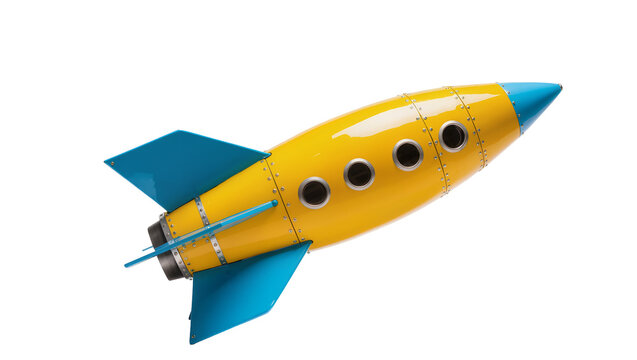 Yellow and blue toy rocket ship with round windows, isolated on transparent background