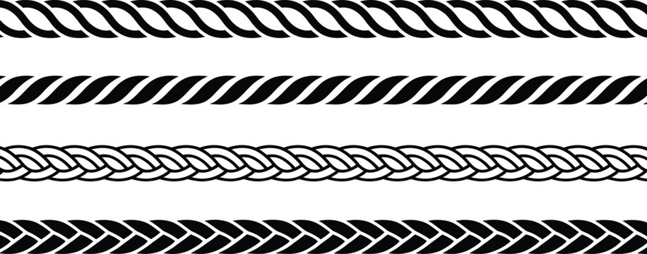 Straight rope vector icon set with repeating rope patterns seamless hemp cord line illustration ideal for nautical design marine graphics decorative borders textile prints packaging and coastal themed