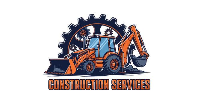 Heavy Equipment Construction Services Logo with Backhoe and Gear.