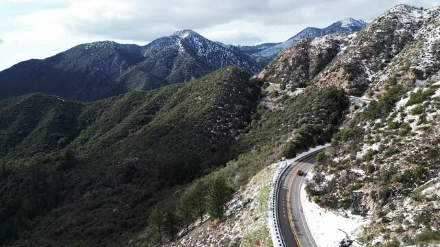 The Santa Ana River Valley in San Bernardio, California, after a winter storm near State Route 38 looking at the Road to Big Bear near Angelus Oaks 