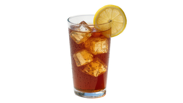 Tall glass of iced tea with lemon slice, isolated on transparent background