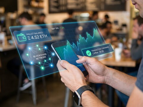 Man Using Smartphone with Cryptocurrency Wallet and Blockchain Interface - Digital Payment, Ethereum Balance, and Fintech Trading Analytics Concept