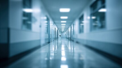 Fototapeta premium Long hallway in a building with fluorescent lights
