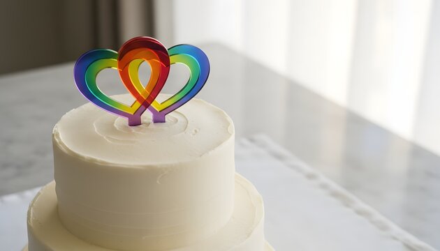 White wedding cake featuring a same-sex wedding cake topper in vibrant rainbow colors for pride month celebration concept, symbolizing love and equality in modern marriage