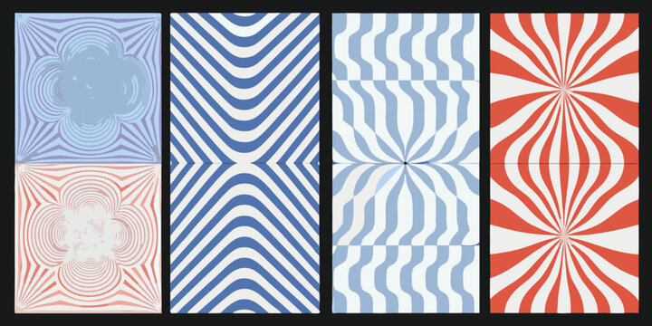 set of op art kinetic patterns in blue red and white