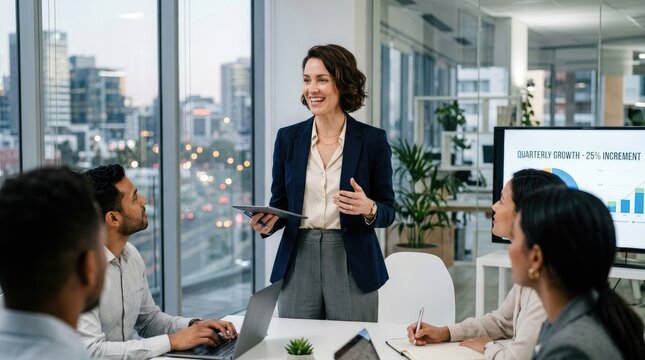 A confident woman in a business suit presents data to a group of colleagues.