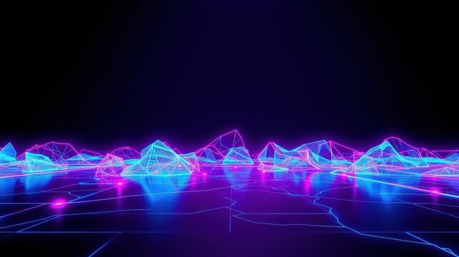 Neon landscape, futuristic grid. Glowing lines form peaks, valleys. Dark background emphasizes vibrant colors, digital aesthetic.