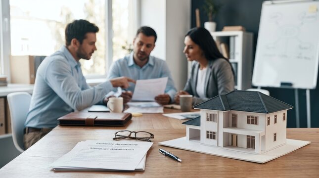 A man and a woman are intently reviewing a purchase agreement and mortgage application with a third man.