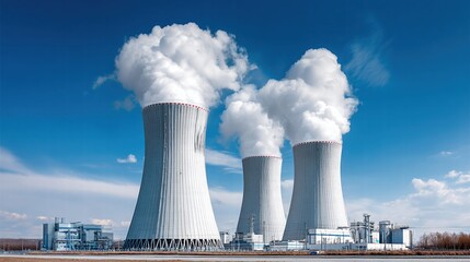 Obraz premium Nuclear power plant with cooling towers against a bright blue sky.