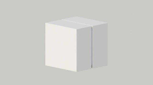 White cube box with neon stripped light, Futuristic, plain blank box rotating on minimal beige background, Looping animation