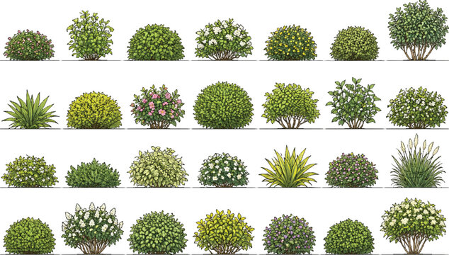 Set of shrubs and bushes in elevation view for use in architectural drawings